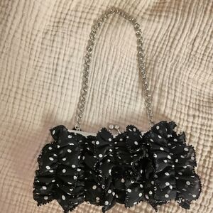 Hype Black and White Polka Dot Beaded Ruffle Kiss Clutch